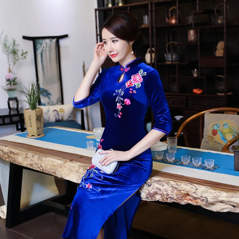 Осенние бархатные Тонкий Cheongsam элегантный китайский Стиль вечернее платье с