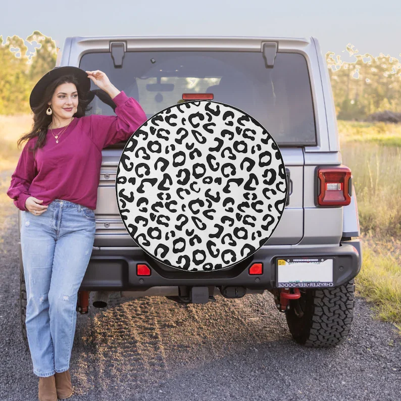 

White Cheetah / Leopard Print - Spare Tire COVER CAR for Jeep Wrangler, Jeep Liberty, 2021 Bronco, RV, Camper -