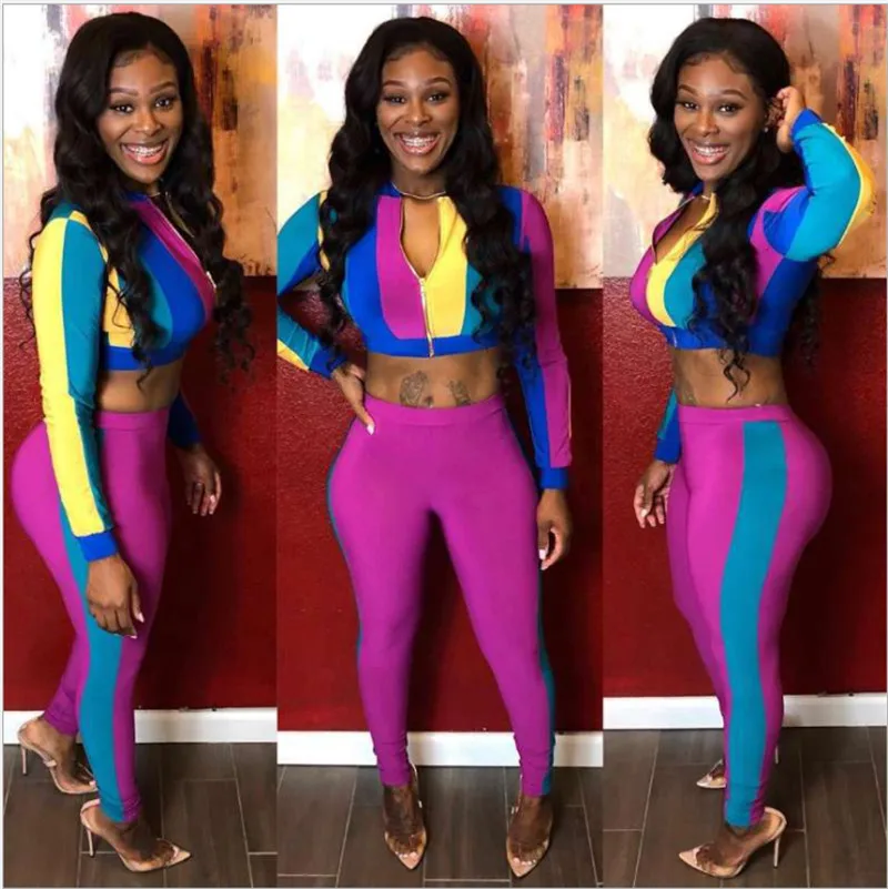 

hirigin Color Patchwork Sexy Two Piece Women Set Autumn Casual Full Sleeve Crop Top Warm Long Colorful Skinny Pants 2pcs Outfits