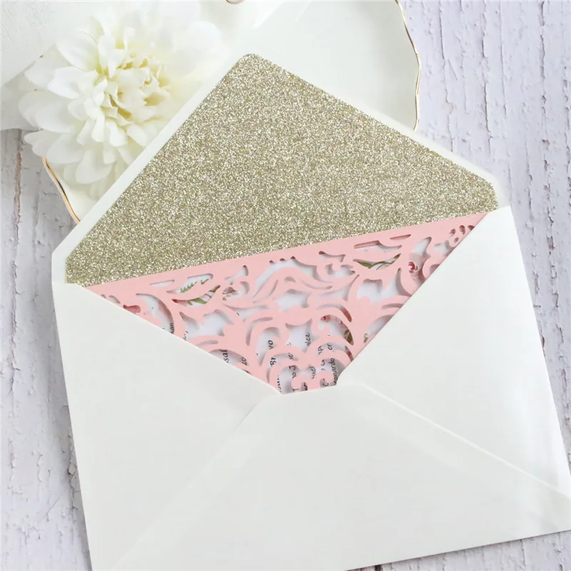 Полые свадебные приглашения с блестящим золотым конвертом розовый цвет слоновой