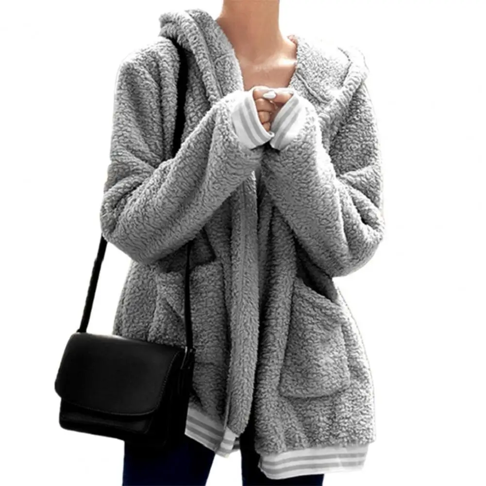 

Флисовая куртка с длинным рукавом и открытым стежком, ультрамягкое однотонное Женское пальто с капюшоном для осени и зимы