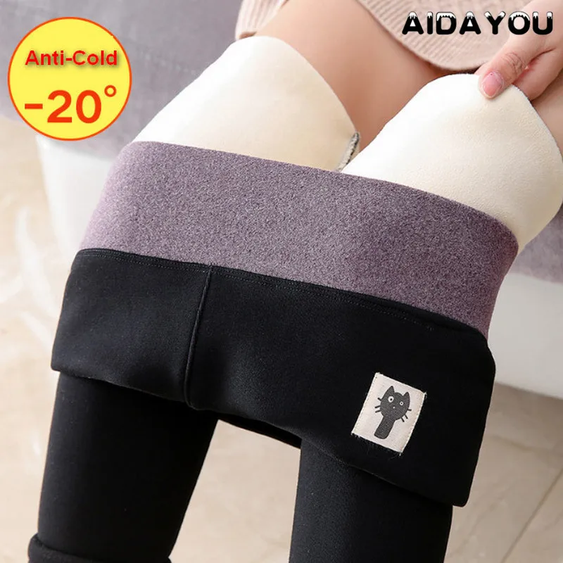 

Леггинсы из кашемира; Теплые плотные зимние эластичные брюки с высокой талией и рисунком кота в стиле пэчворк; ouc656