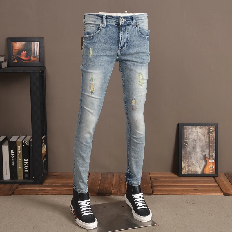 

2021 мужские синие джинсы, модные хлопковые облегающие брюки с вышивкой, уличная одежда, рваные Стрейчевые джинсовые брюки