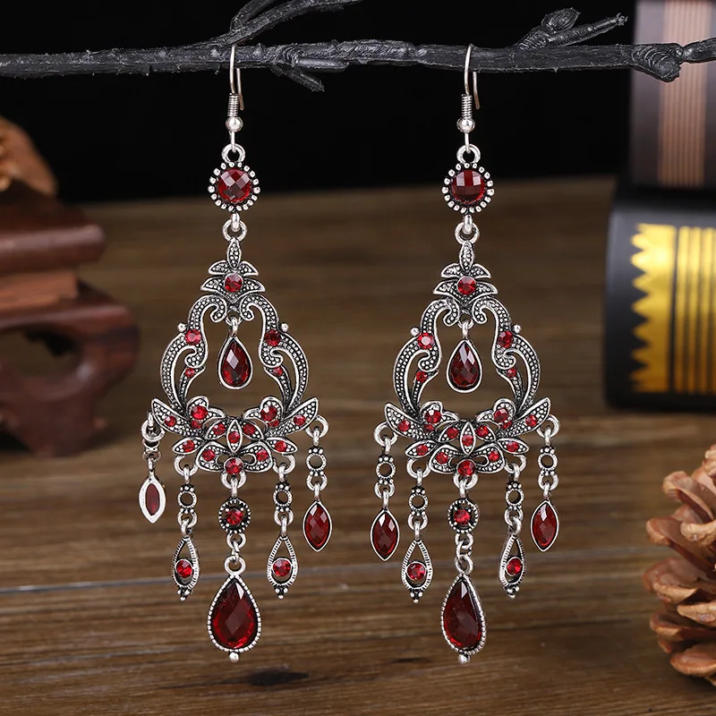 

Vintage Rhinestone Earrings For Women Ethnic Antique Silver Color Alloy Water Drop Long Bohemian Tassel Earrings