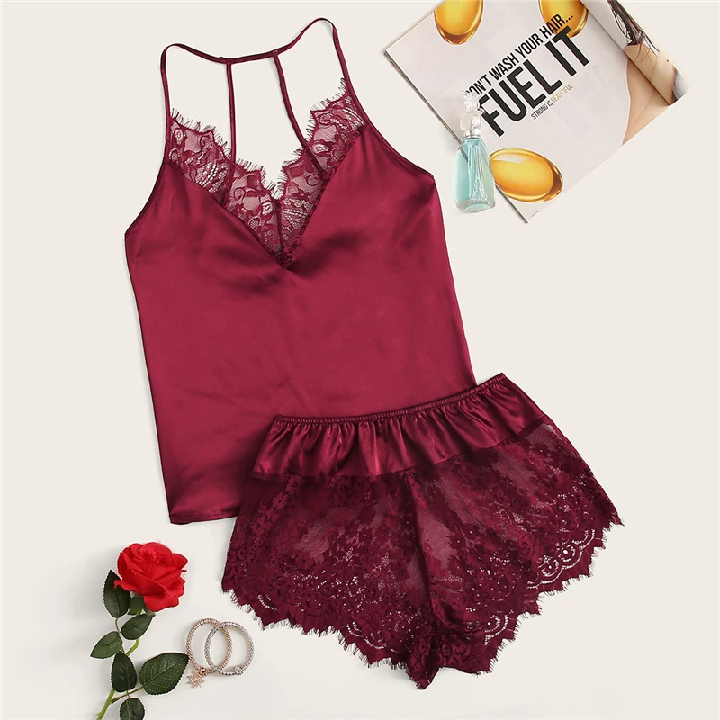 SHEIN Атласный Топ На Бретелях С Кружевом И Шорты Пижама Комплект Женский Розовый Летний Сексуальный Комплект Пижамы