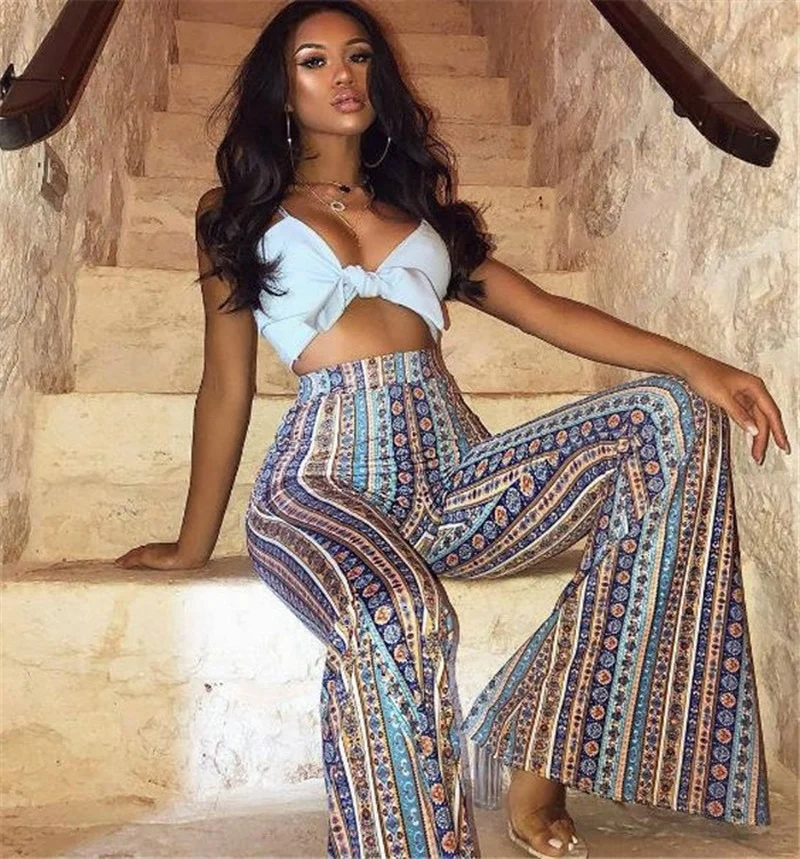 Женские капри в стиле бохо брюки полоску элегантные расклешенные готическом