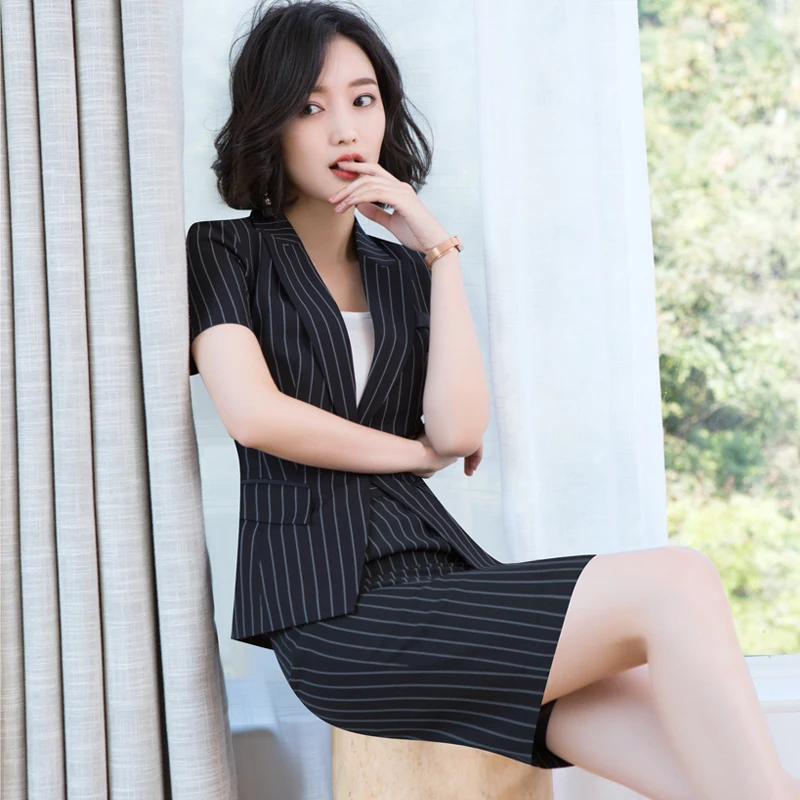 

Полосатый профессиональный костюм, юбка для женщин, с коротким рукавом, Женский менеджер отеля, деловое платье, Офисная форма, юбка, костюм, ...
