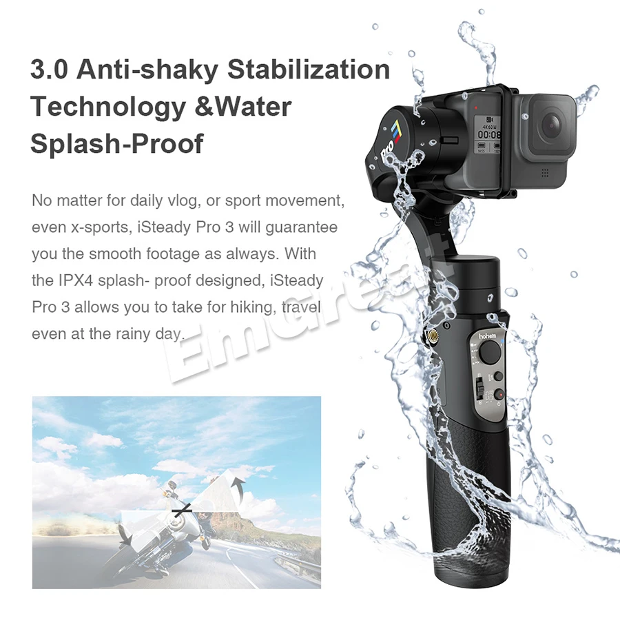 

Hohem iSteady Pro 3 3-Axis Splash Proof Handheld Gimble for DJI Osmo Action Gopro Hero 8/7/6/5/4 SJCAM YI Cam RX0 Action Camera