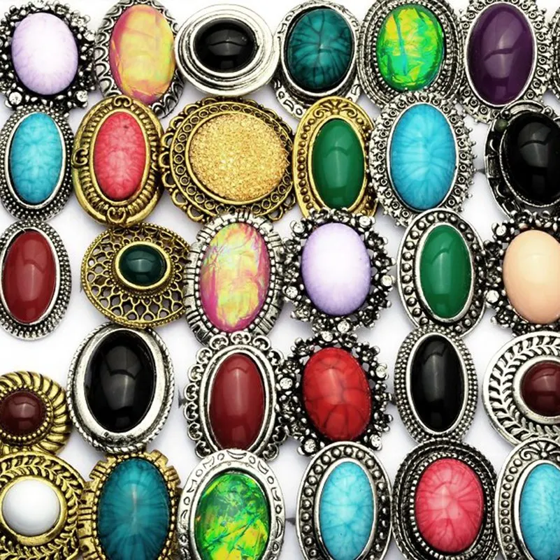 

20pcs/Lot Vintage Natural Stone Rings Antique Gold Silver Plated Colorful Round Oval Stone Adjustable Ring Fashion Jewelry Ring