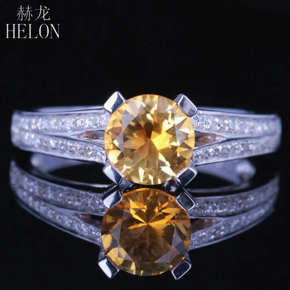 

HELON Solid 14K White Gold Flawless 6.5mm Round Genuine Natural Citrine Natural Diamond Gemstone Engagement Wedding Jewelry Ring