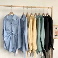 spring new lightweight ripe tucked pleated shirt women casual shirts dress strapped thin straight green yellow loose tops