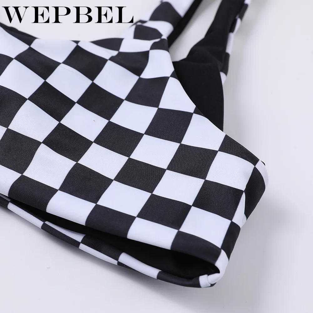 WEPBEL, новинка, Модный женский топ на бретелях, клетчатый принт, высокая талия, бикини, две части, купальник