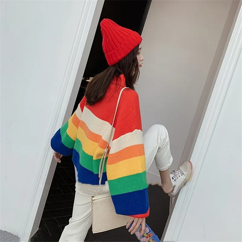 Harajuku Streetwear 2019 Autumn Rainbow Puff Sleeve Sweater Women Loose Knitting Pullovers Ladies Vintage Jumper Sueter Mujer | Женская