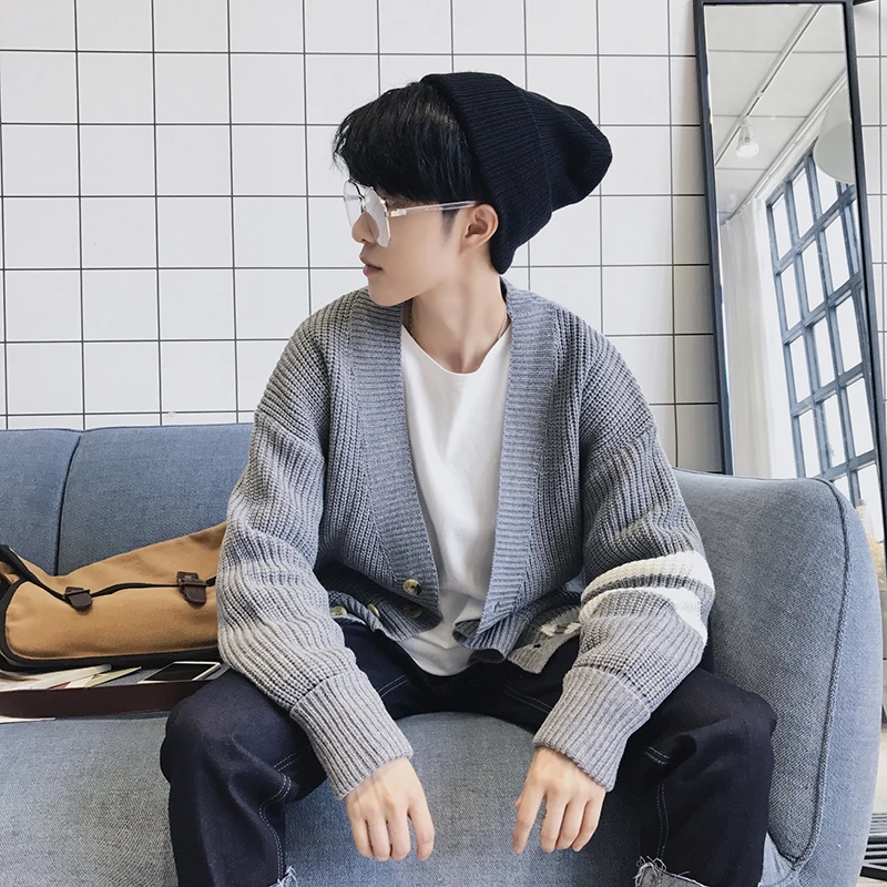 2019 мужской шерстяной вязаный Свободный кардиган с v-образным вырезом и дырками