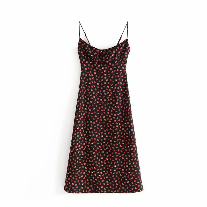 

Retro midi dress sleeveless Floral backless Spaghetti Straps beach long dress Vintage bohemian black red rose floral dress women