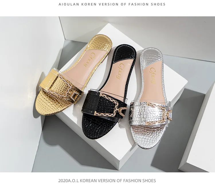 

2021 Women Slippers Flat Heel Silver Gold Women Buckle Slides Shoe Summer Outdoor Beach Crystal Sandals Slipper Female Flip Flop
