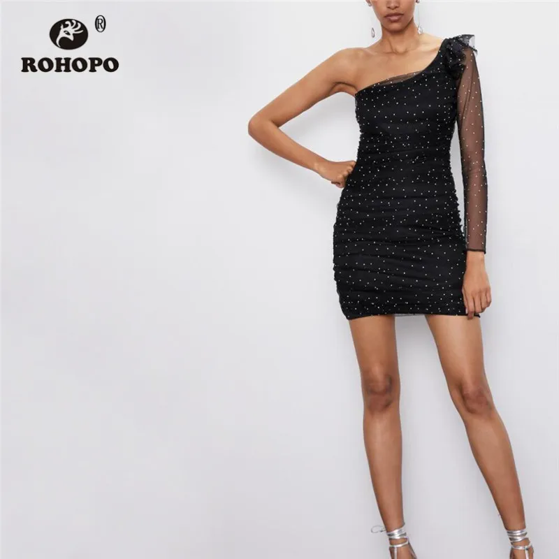 ROHOPO гофрированные плечи тюлевые рукава облегающее Черное мини-платье алмазные