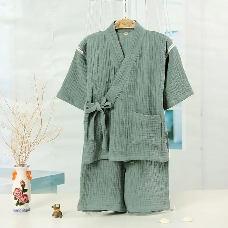 Банный халат-кимоно из хлопка и крепа мытый банный халат с короткими рукавами в