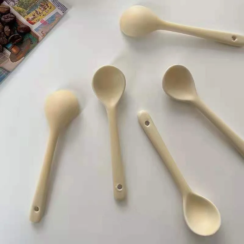 

Ceramics Cute Spoon Simplicity Short Handle Tableware Kitchen Small Seasoning Cream Yellow Kawaii Homehold Coffee Portable