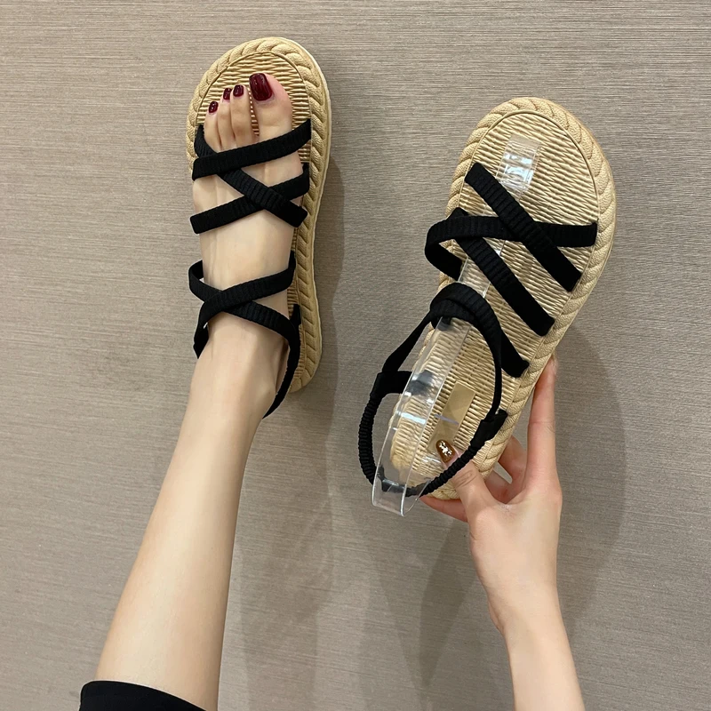 

All-Match Sandals Elastic Band Female Shoe Strappy Heels 2021 Women's Slip-on Girls Beige Flat Comfort New Beach Clear Fashion
