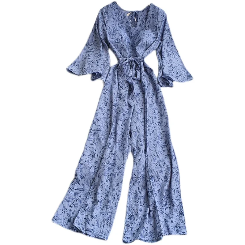 

autumn new print Jumpsuit women's collar long sleeve waist closing thin bandage medium length leisure wide leg pants