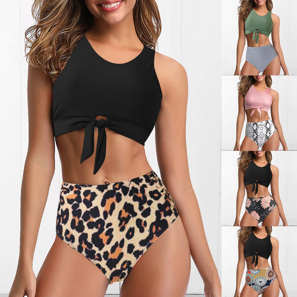 Винтажные танкини 2 шт. купальник Леопардовый женский с узлом топ жилет бикини