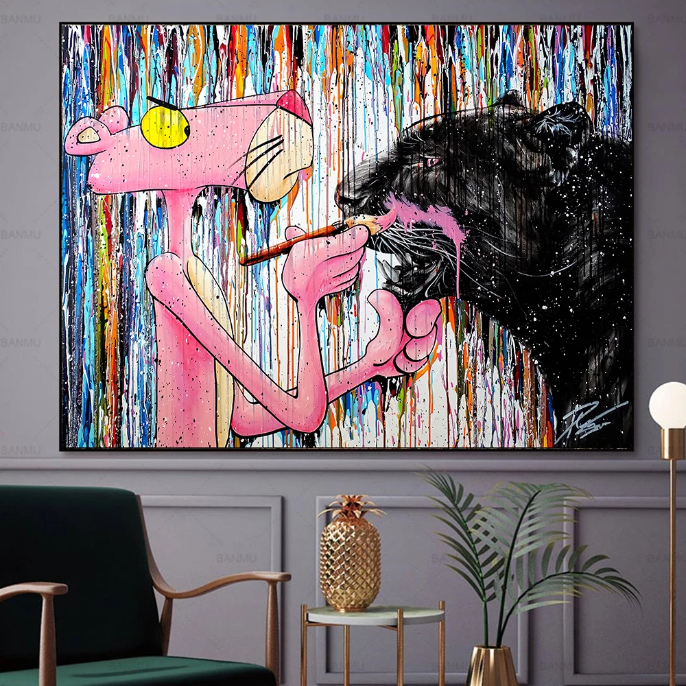

Street Graffiti Art 5D Diamond Painting Pink Panther And Black Bear Cross Stitch Diy Diamond Mosaic Animals Pink Leopard Picture