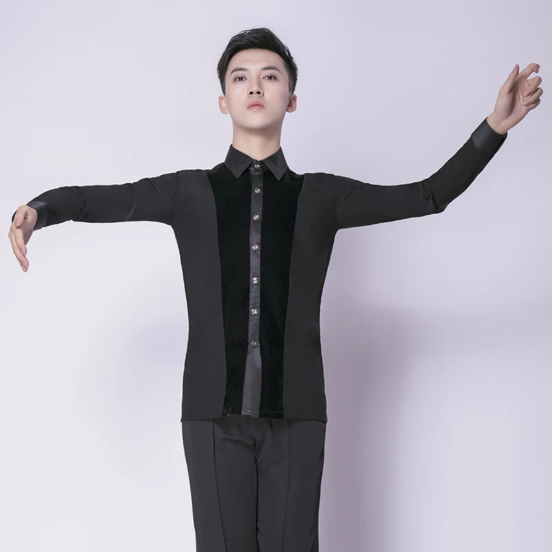 H2616 Для мужчин туфли для латинских танцев рубашка черный практика костюмы для взрослых мужские Самба Танго профессиональный конкурс, модный топ с длинными рукавами