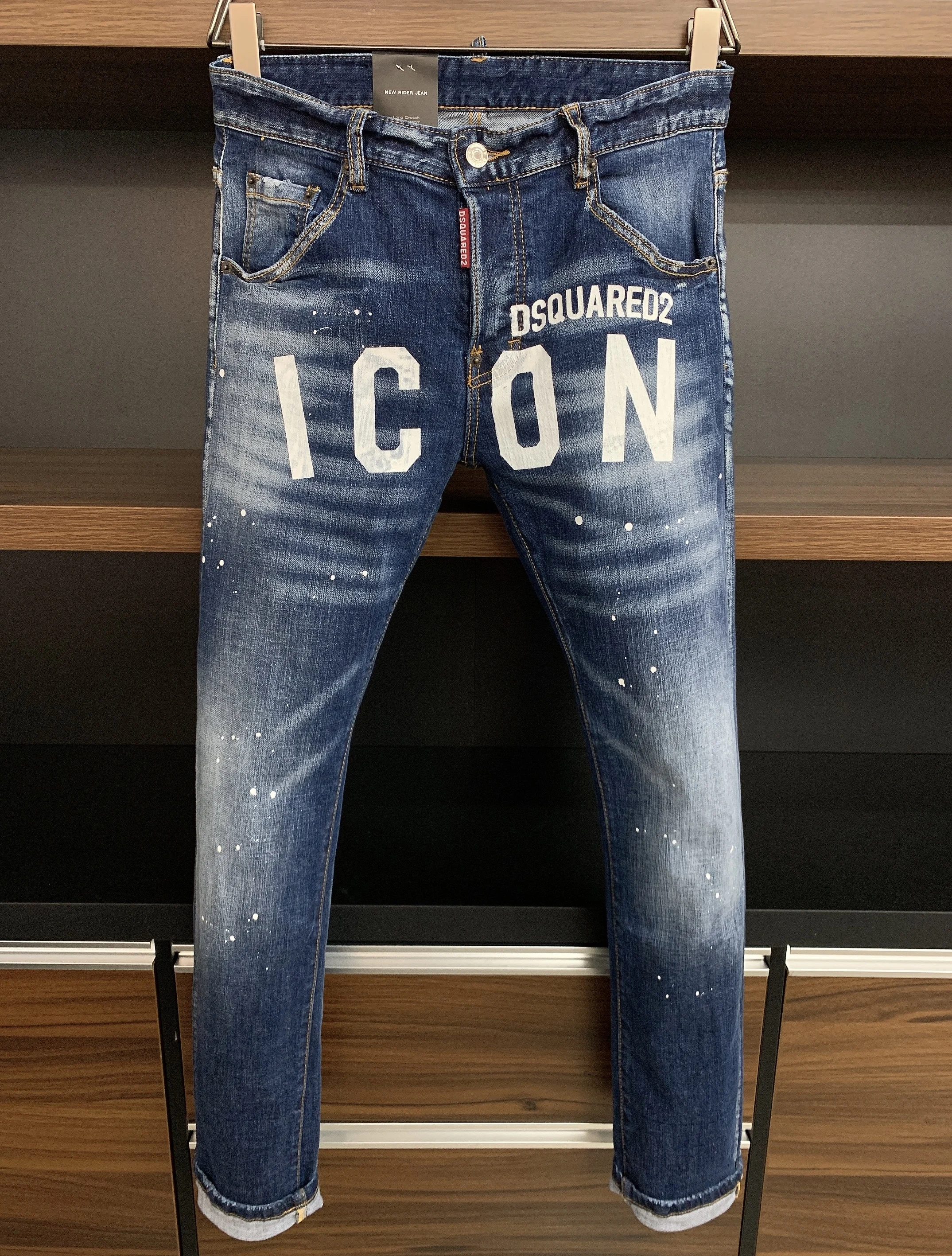 

Blue paint dsquared2 ripped holes wild maple leaf ICON personality zipper jeans men's bottom Denim pants
