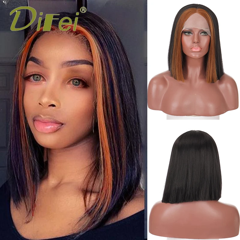 DIFEI Synthetic 13 Inch Short Straight Front Lace Black Brown Hair Set Wig Female Heat-resistant Party Personalized Fake Hair