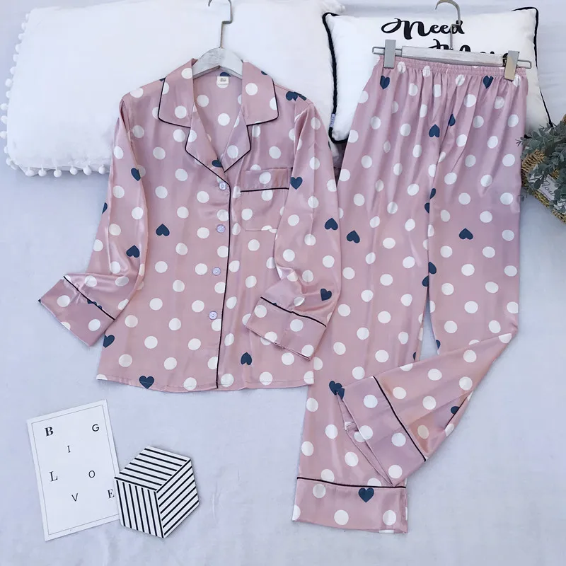 

Women 2PCS Pajamas Suit Satin Print Nightwear Long Sleeve Sleepwear Turn-down Collar Shirt&Pant Autumn Casual Home Wear