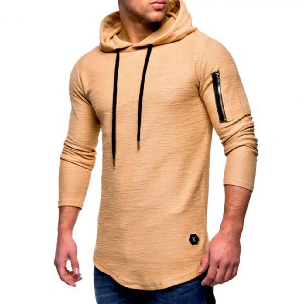 

Long Sleeve Arm Zipper Men T-shirt Slim Fit Solid Color Hooded Pullover Top Male Clothing