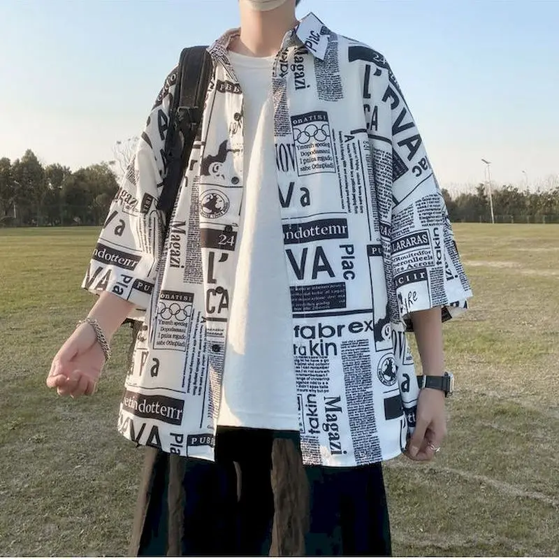 

Streetwear Men's Shirt Three-quarter Short Sleeves Cardigan Newspaper Printed Blouse Loose Summer Thin Male Oversized Gothic Top