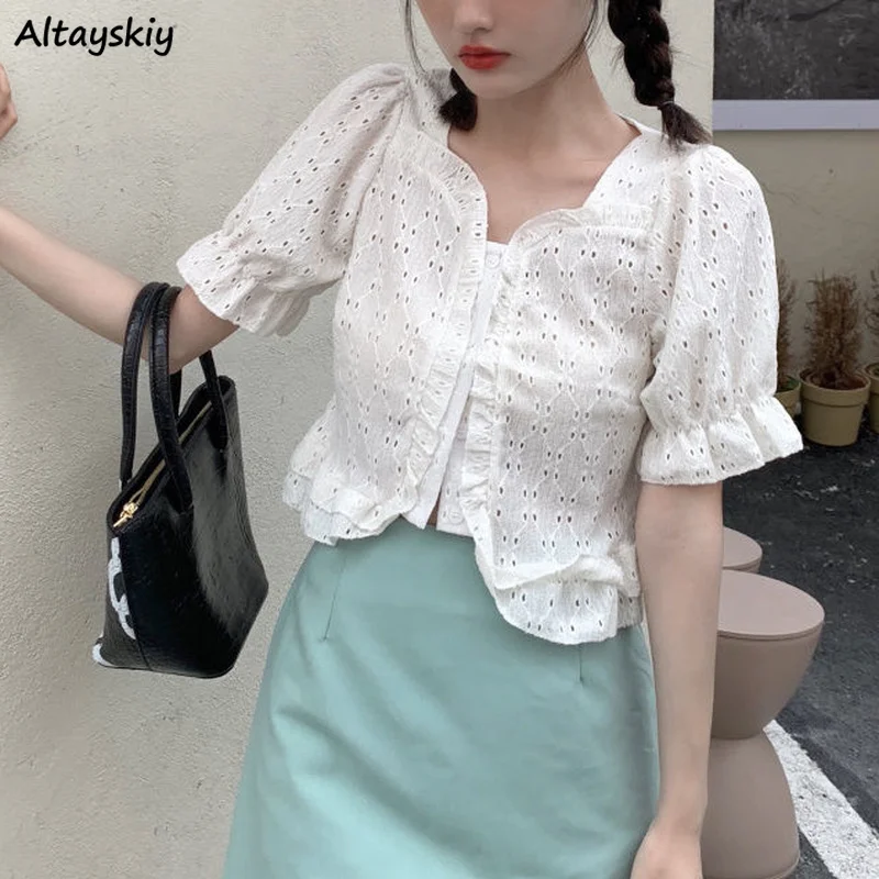 

Shirts Women Puff Sleeve Solid Sweet Ruffles Hollow Out Irregular Fairy Crop Tops Slim Kawaii Blouses Square Collar Retro Tender