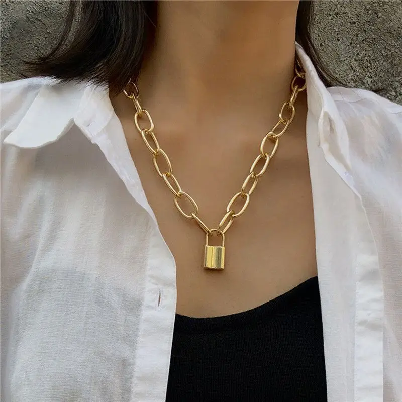 

Pendant Punk Padlock Key Women Jewelry Necklace Layered Thick Retro Lock Chain