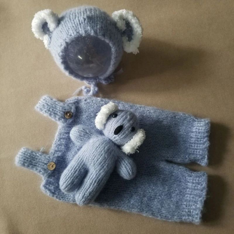 

23GD 3Pcs/Set Newborn Photography Props Suit Knitted Jumpsuit Rompers with Beanie Hat Stuffed Animal Koala Doll Toy Infant Baby