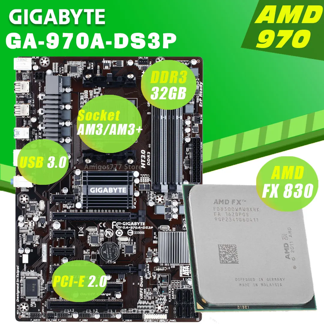 Kaufen Motherboard Combo GA 970A-DS3P AMD 970 Ddr3 Fx 8300 Buchse AM3/AM3 + 3,3 GHz USB 3,0 SATA3 PCI-E X16 Für Desktop ATX Mainboard
