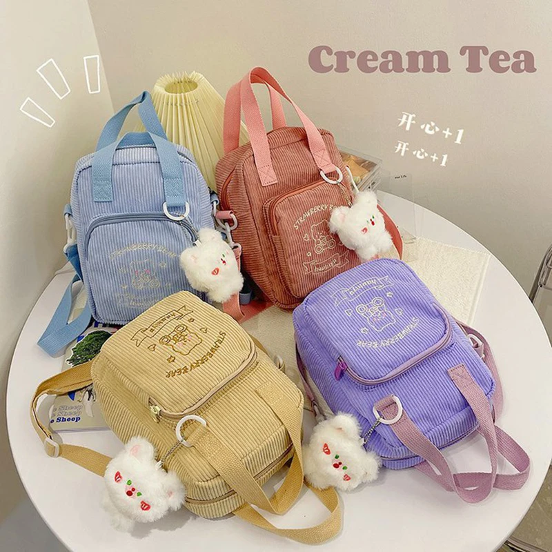 Corduroy Crossbody Bag Women Embroidery Bear Transparent Cute Messenger Bags Japanese Style Solid Casual Handbags Female WY395