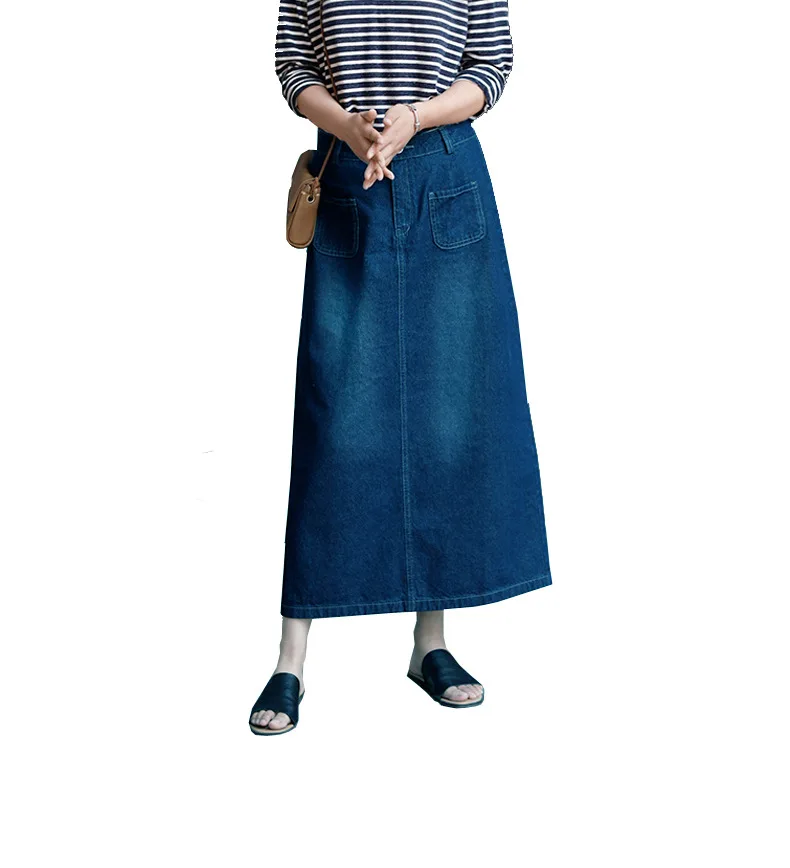 

Design Pocket Denim Skirt Women 2020 Spring and Autumn New Korean Casual Large Size Midi A- Line skirts A-line Solid Mid-calf
