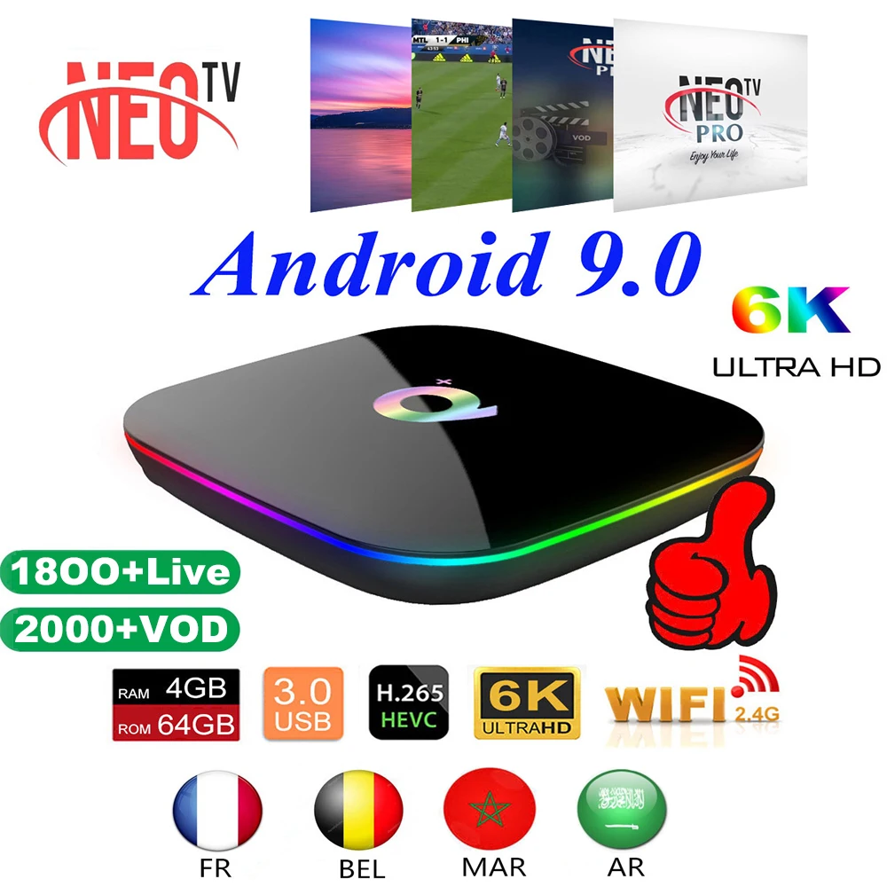 ТВ приставка Android9.0 Q Plus+ 1 год NEO Pro IP tv подписка Франция испанский Italia Smart IP tv WiFi телеприставка 6K домашний медиаплеер
