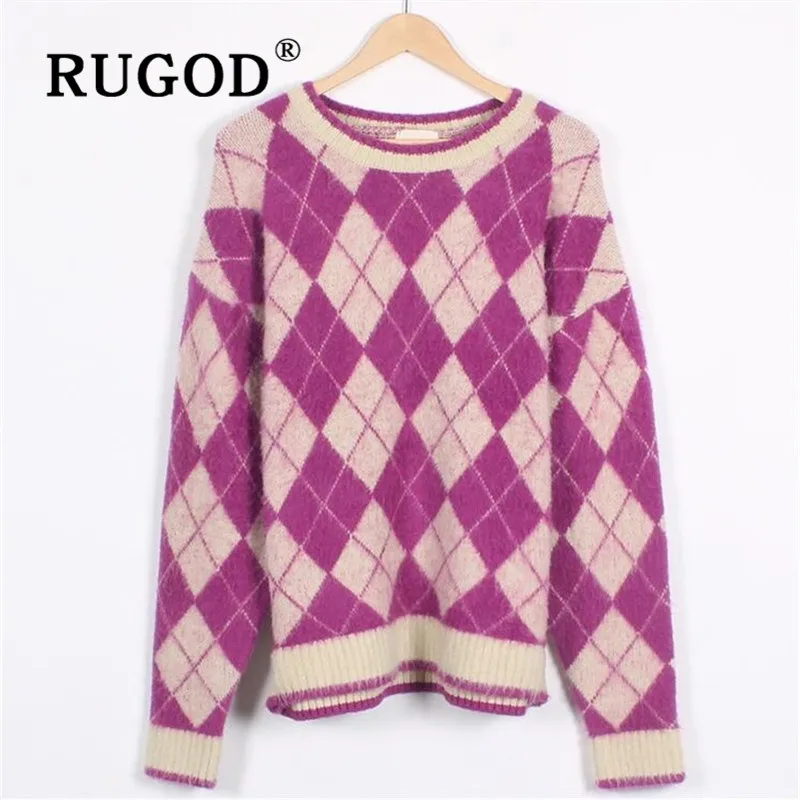 RUGOD Women's Sweater Korean Style Chic O-neck Contrast Color Rhombus Long Sleeve Knitted Pullovers Casual Lady Winter Jumper | Женская