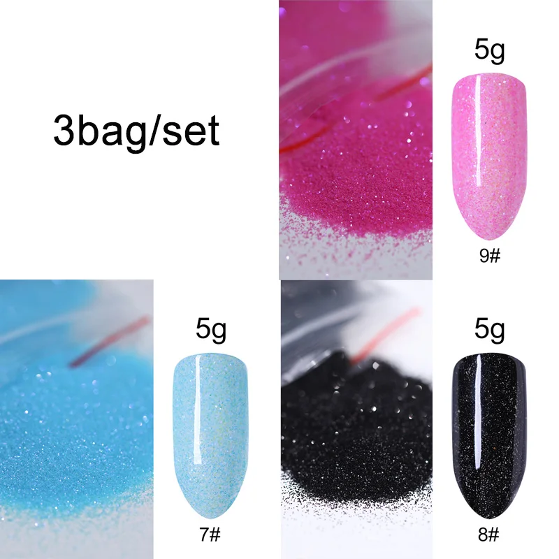 set 3 5 г/пакет, блестящий порошок для ногтей, для самостоятельного украшения ногтей, фиолетовый, синий, серебристый, пигмент для ногтей, пылевые наконечники, Блестящий мерцающий маникюр - Цвет: set 3