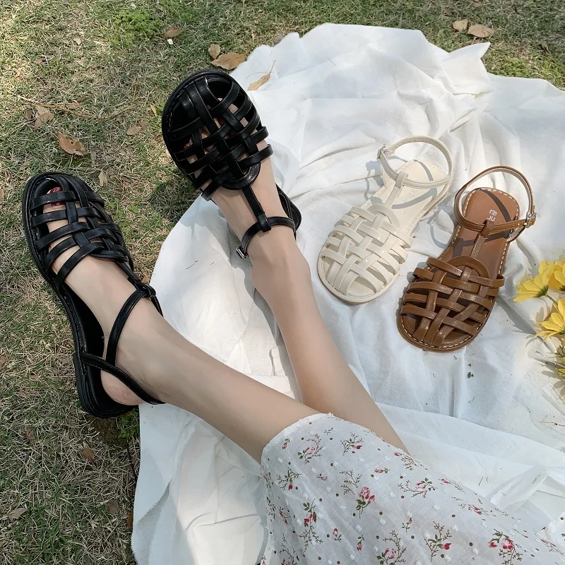 

2021 Summer Comfort Shoes for Women Beige Heeled Sandals Buckle All-Match Low Black Flat Closed Fashion Girls New Gladiator Clea