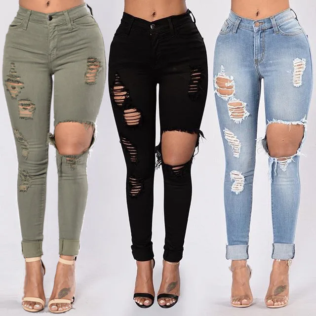 

High Waist Ripped Jeans Women Pencil Denim Trousers Skinny Push Up Ladies Army Green Calca Boyfriend Distressed Big Holes Jeans
