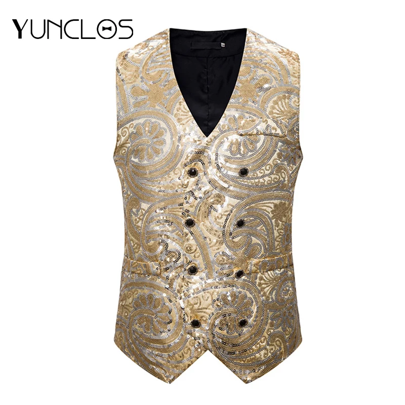 Мужской костюм с пайетками двубортный жилет для свадьбы жениха приталенный