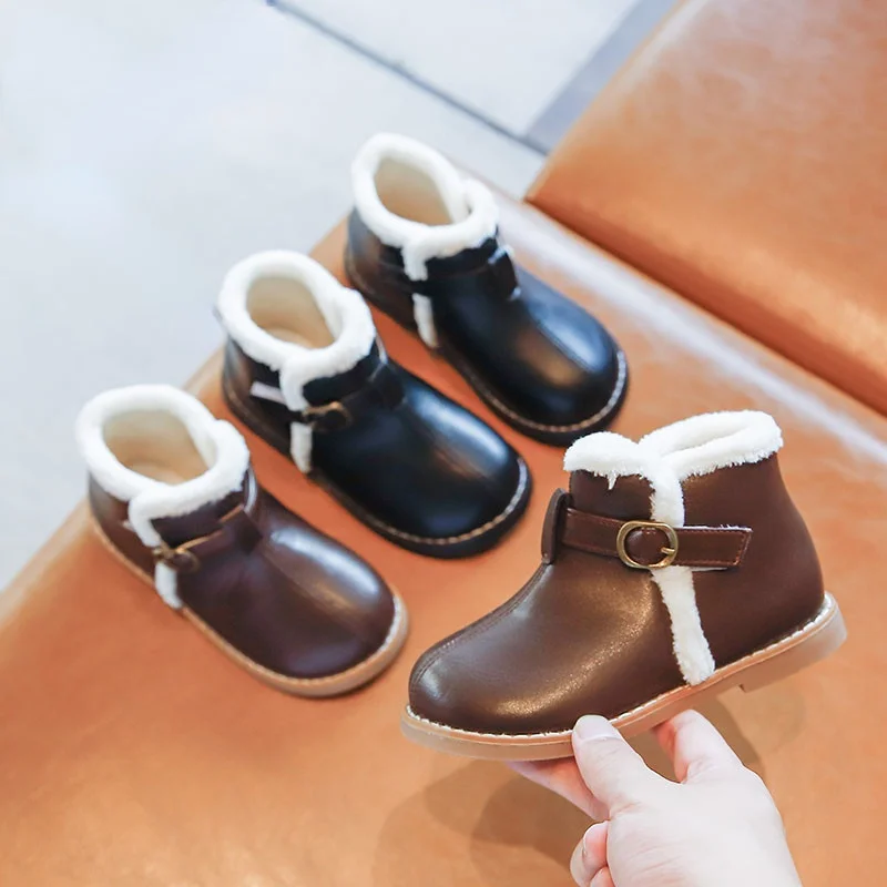 

New Girls Snow Boots 2022 Children Soft Thick Cotton Winter PU Boots Kids Warm Shoes Boys Short Fashion Solid Hook & Loop Boots