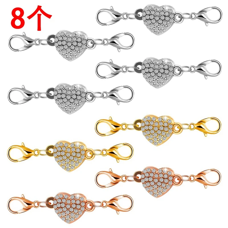 

8 Pieces of Magnetic Jewelry Clasp, Lobster Clasp, Self-Aligning Magnetic Rhinestone Clasp (Heart-Shaped)