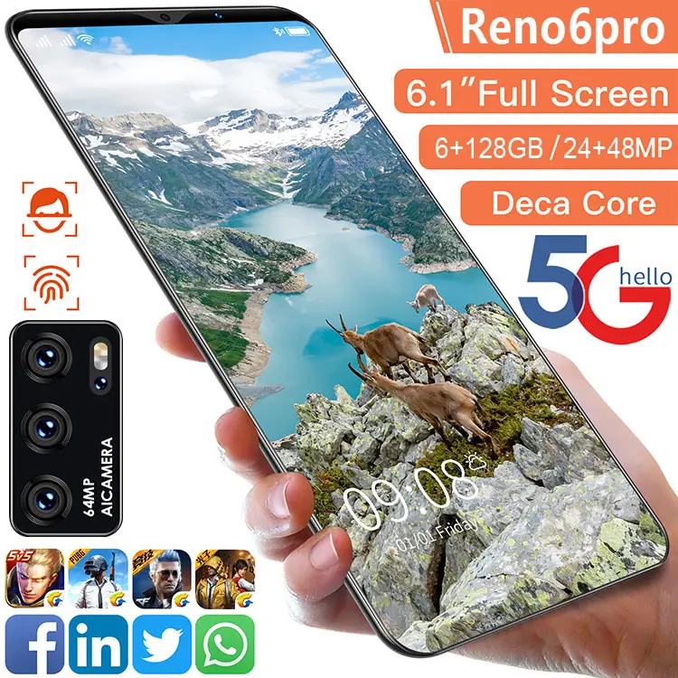 

2021 Reno 6 Pro 6.1Inch Full Screen 8Core 8+256GB MTK6889 Global 5G LTE Bands 24+48MP Face ID 5000mAh Long Standby Dual SIM