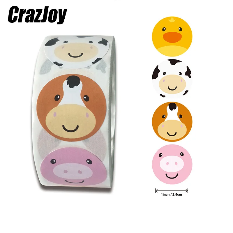 

500pcs Funny Animal Stickers roll classic Cute Waterproof farm Package Seal Label Cool Skateboard school Stickers Reward For Kid