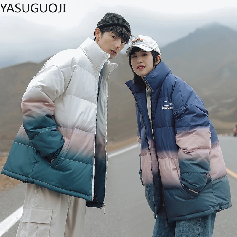 YASUGUOJI корейские зимние теплые парки для мужчин модные градиентные мужские куртки